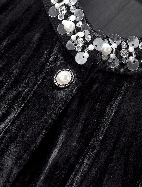 Black Velvet Embellished Button-Up Top