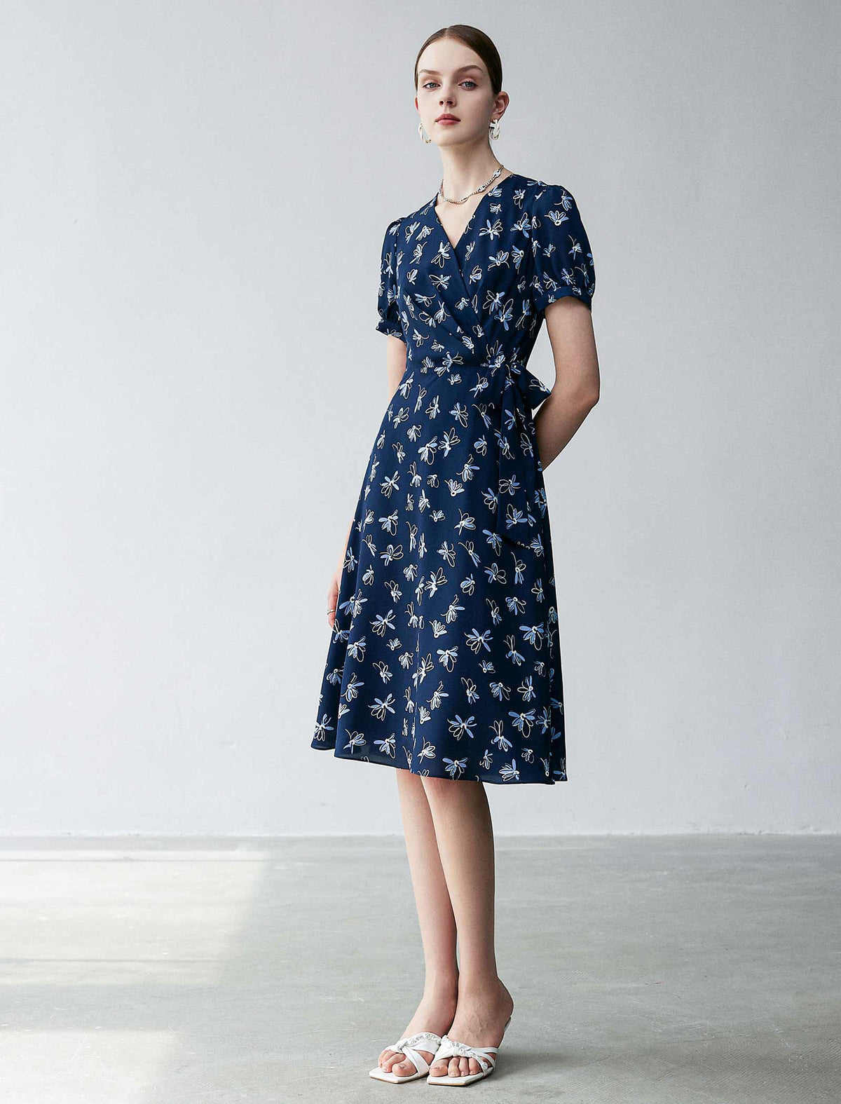 V-Neck Floral Waist-Cinched Dress
