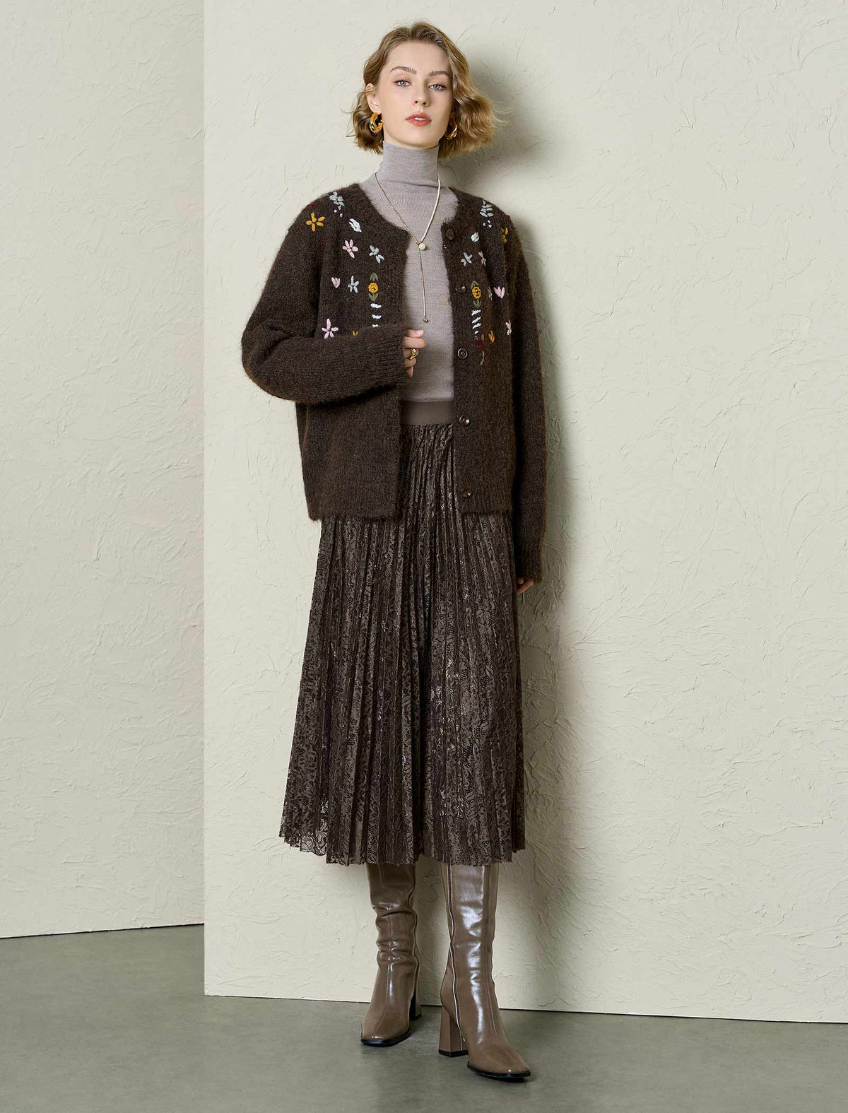 Chocolate Brown Floral Embroidered Cardigan