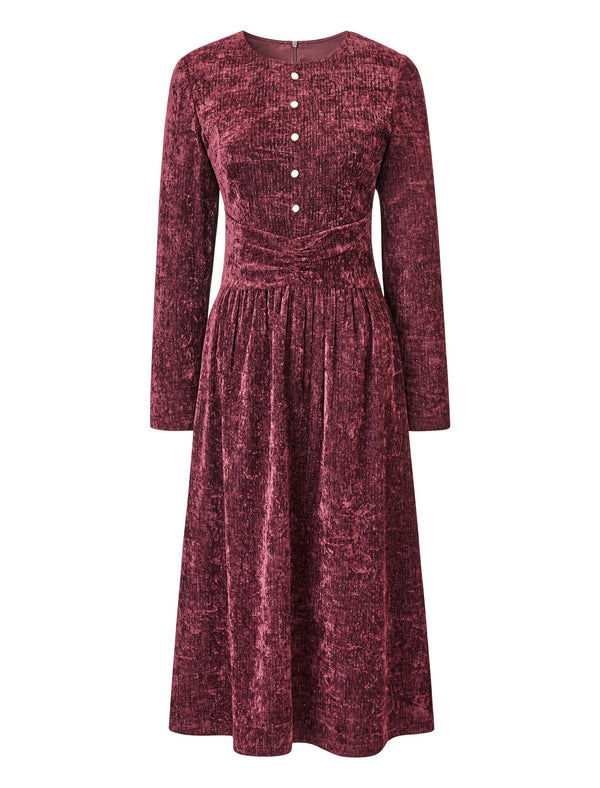 Red Velvet Belted Long-Sleeve Midi Dress