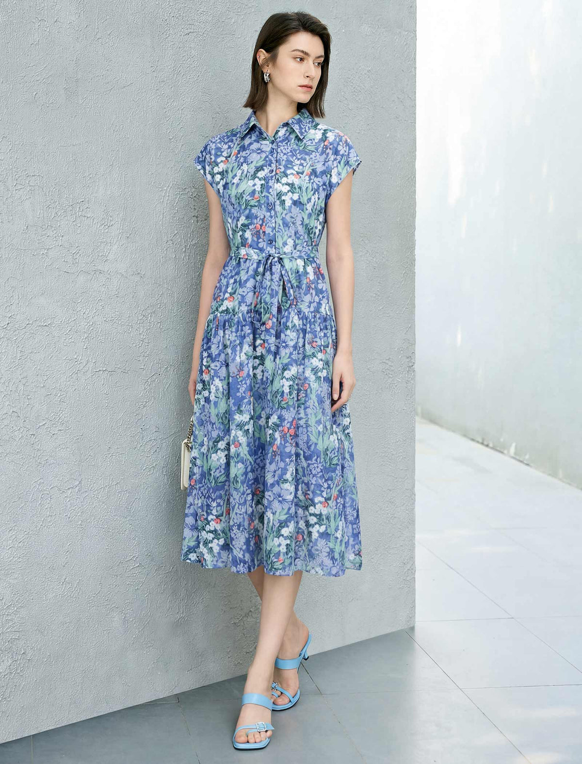 Blue Floral Print Belted Shirt Midi Dress