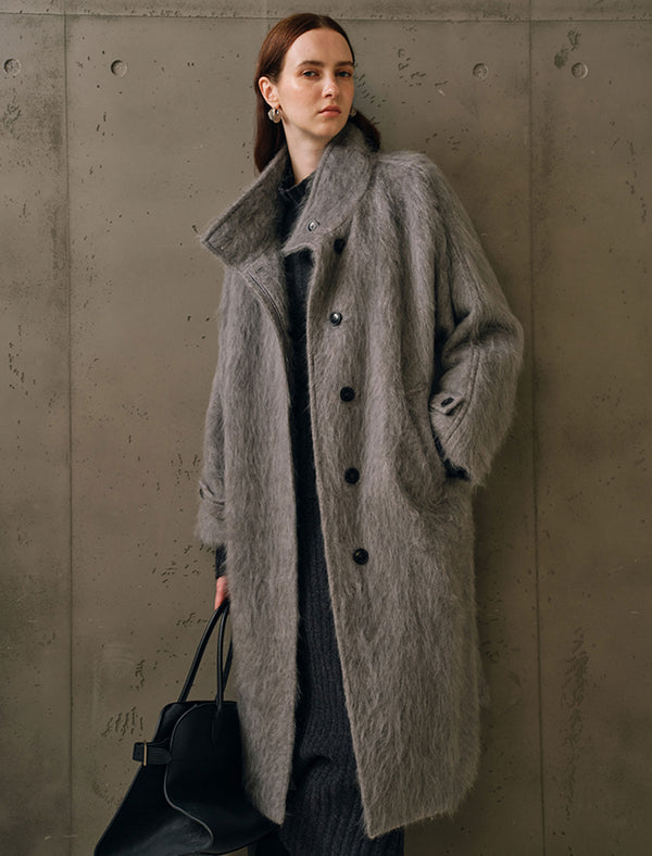 Wool-Cashmere Silk Blend Stand Collar Fuzzy Long Coat