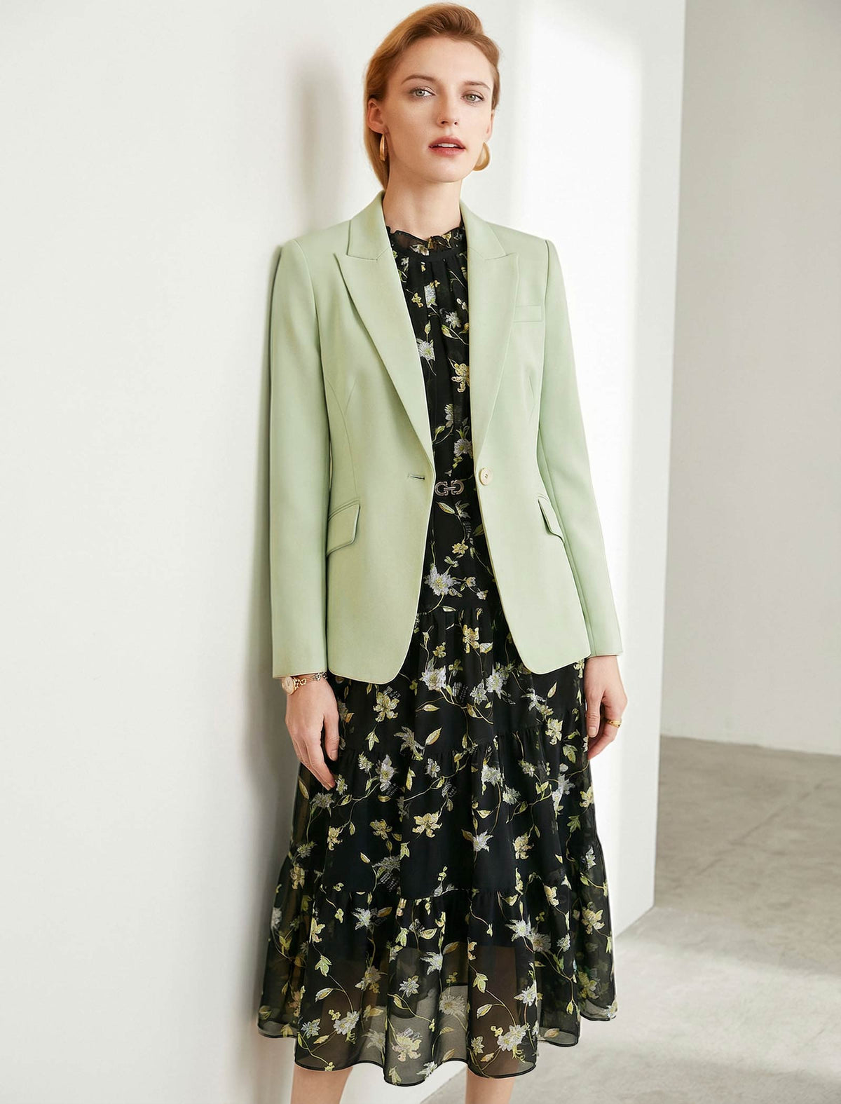 Black Floral Ruffled Neck Chiffon Midi Dress