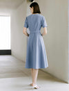 Solid Crew Neck Waist-Cinched Button Dress
