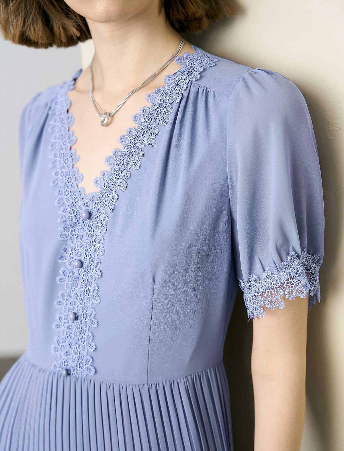 Pleated Lace-Trim Maxi Dress