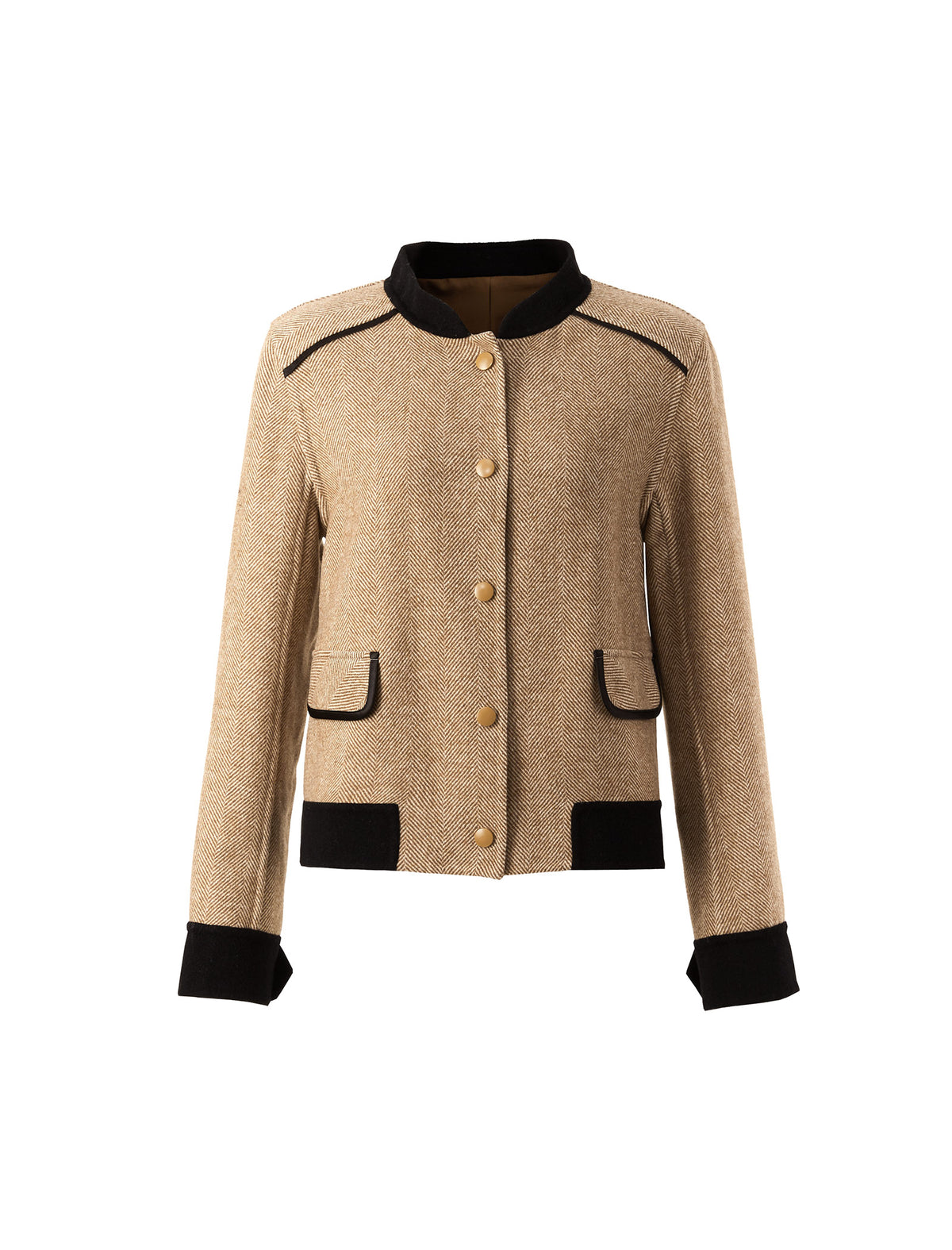 Wool Blend Herringbone Stand-Collar Relaxed Jacket