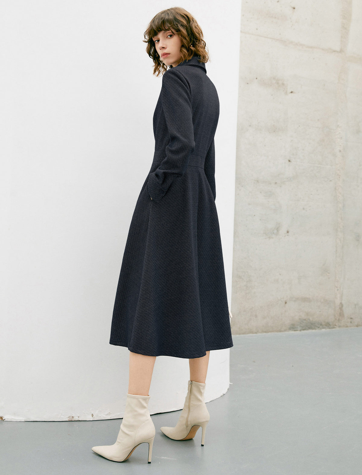 Solid Long Sleeve Pocket A-Line Dress