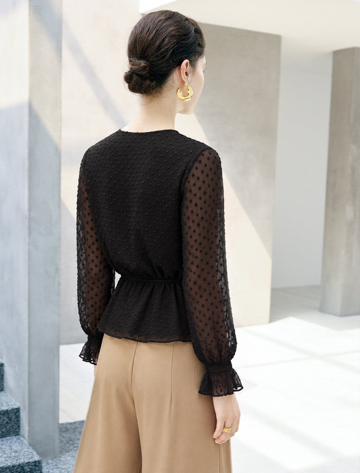 Polka Dot Crewneck Drawstring Cropped Top