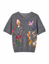Grey Floral Embroidered Short Sleeve Sweater