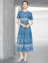 Blue Ikat Print Defined-Waist Midi Dress