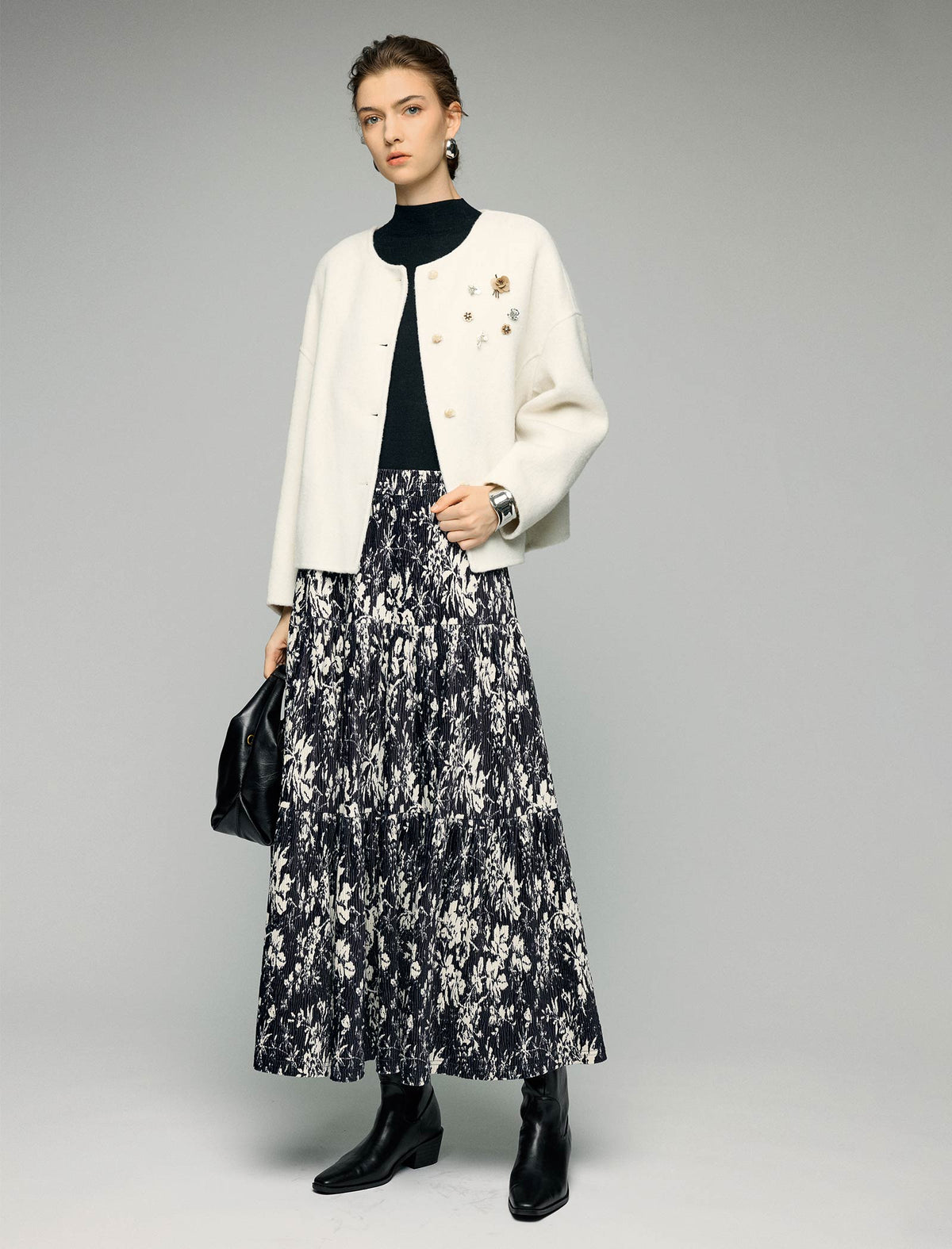 Watercolor Floral Tiered Elastic-Waist A-Line Midi Skirt