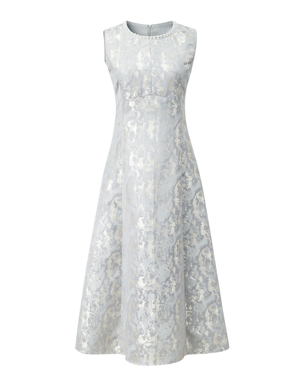 Elegant Jacquard Round Neck Waist-Defining Midi Dress