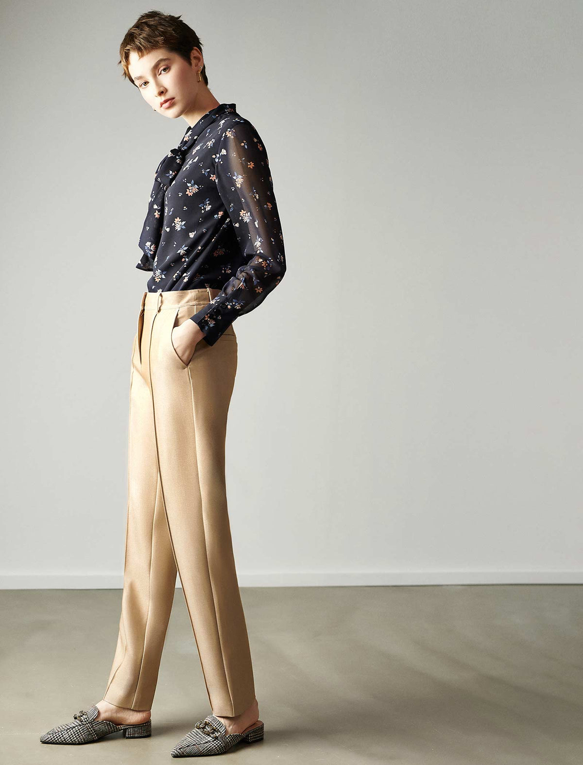 Black Floral Tie Neck Blouse