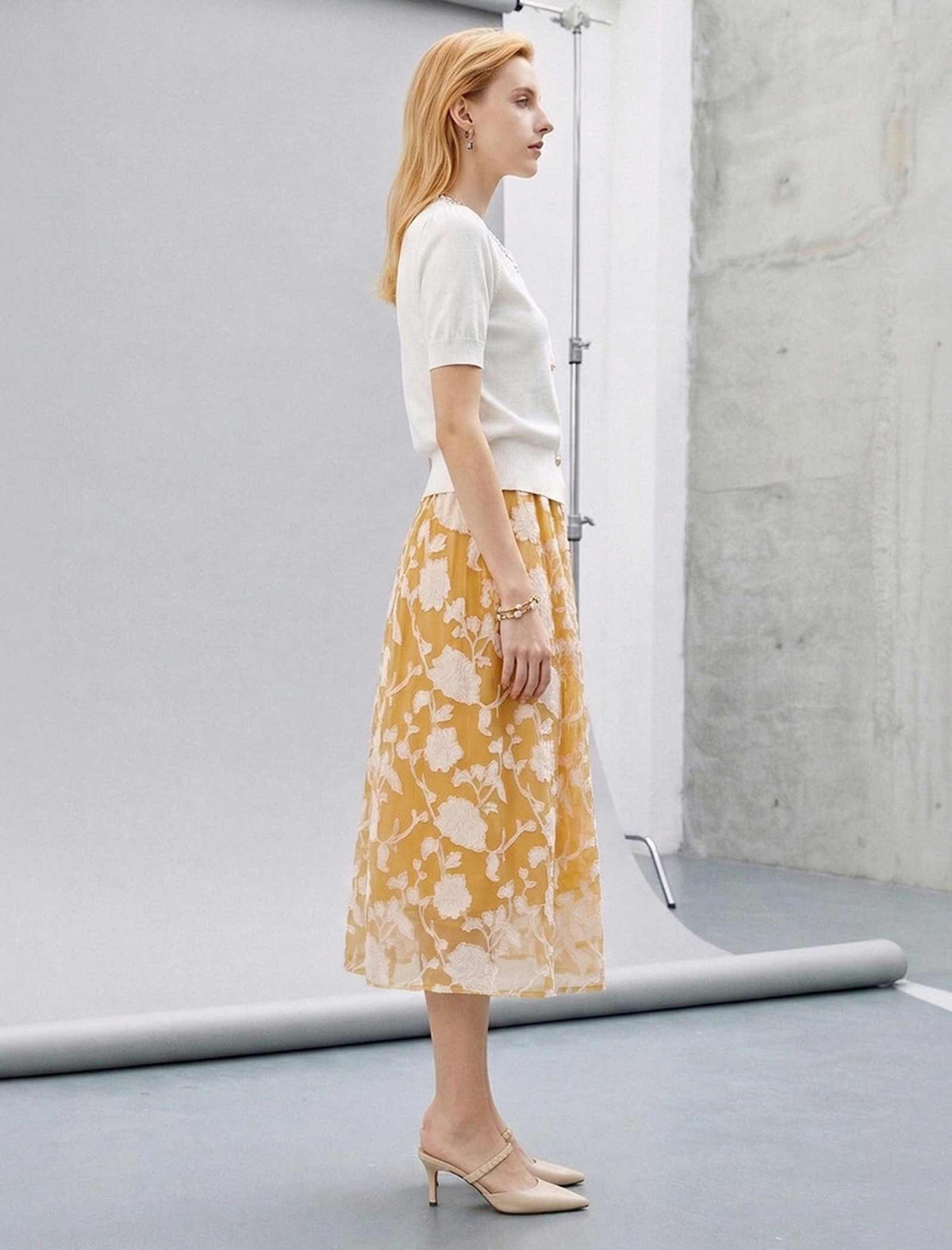 Yellow Gardenia Burnout Floral Midi Skirt