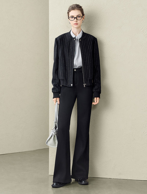 Wool-Blend Black Pinstripe Bomber Jacket