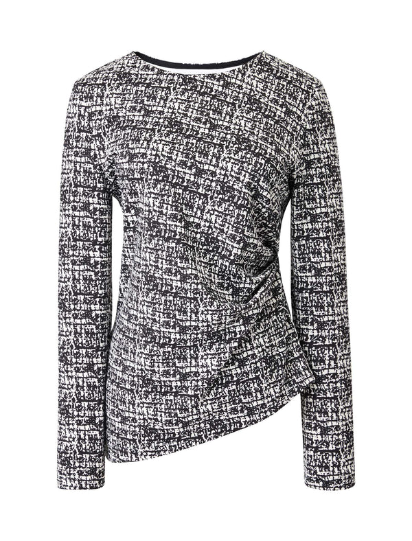 Ink-Print Round Neck Waist-Defining Long-Sleeve Blouse