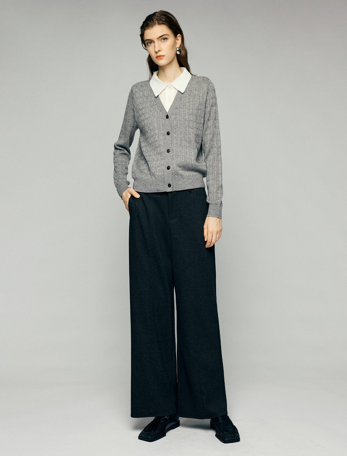 Wool Blend Cable-Knit V-Neck Button-Front Cardigan