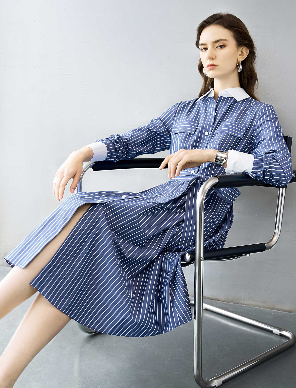 Striped Shirt Cotton Midi Dress