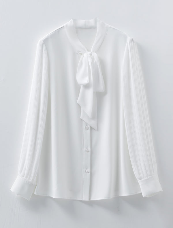 White Tie-Neck Youthful Office Chiffon Blouse