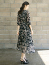 Black And Beige Floral Print Midi Dress
