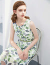 Leaf-Print Sleeveless Midi Dress