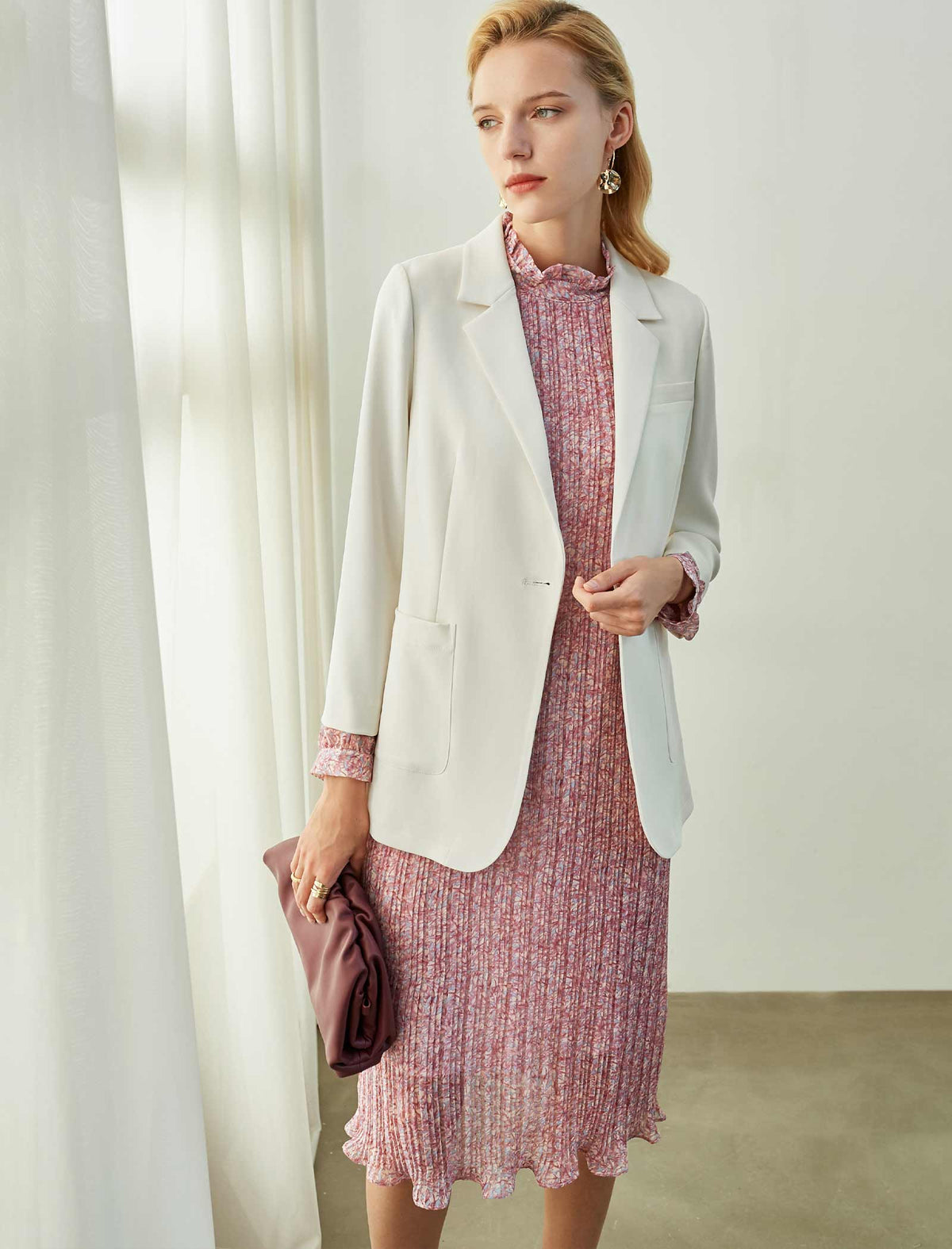 Blush Pink Textured Ruffled Neck Midi Dress