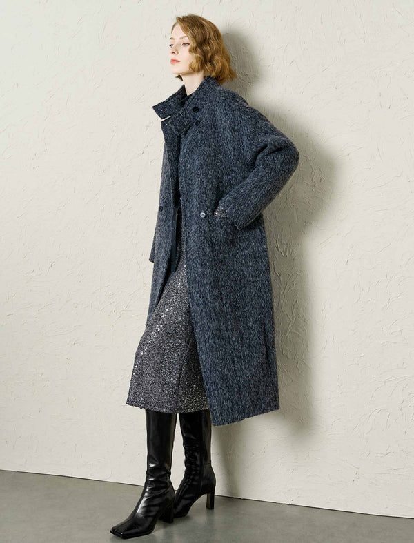 Textured Wool-Alpaca Blend Stand Collar Long Coat