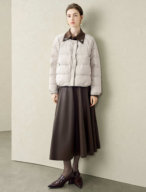 Quilted Contrast Detail Round Neck Down Jacket