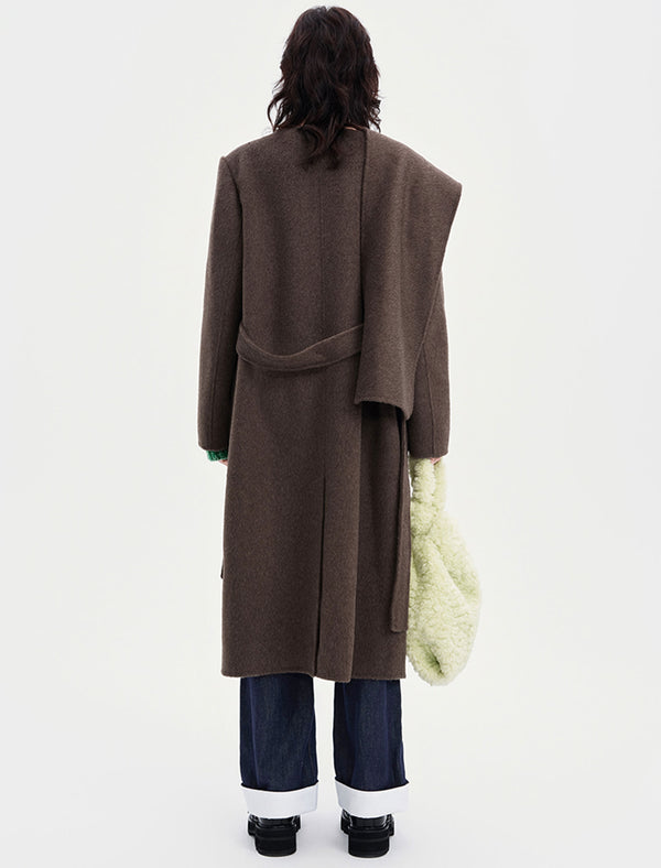 Wool-Rabbit-Alpaca Blend Double-Breasted Coat with Attached Scarf