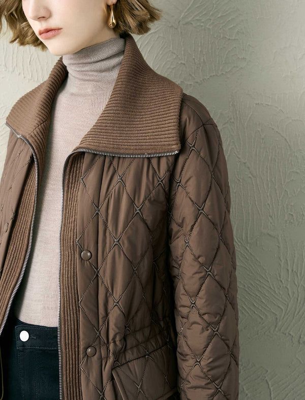 Brown Knit Collar Quilted Jacket