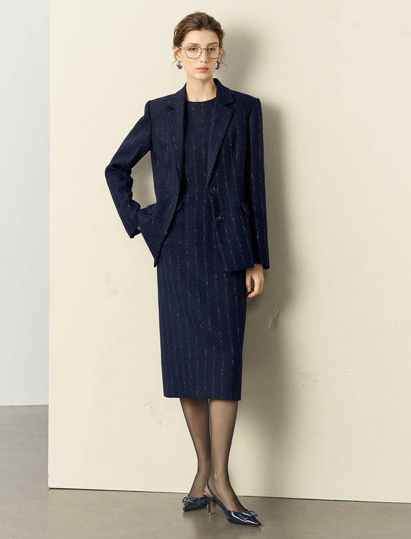 Wool Blend Navy Blue Metallic Striped Blazer