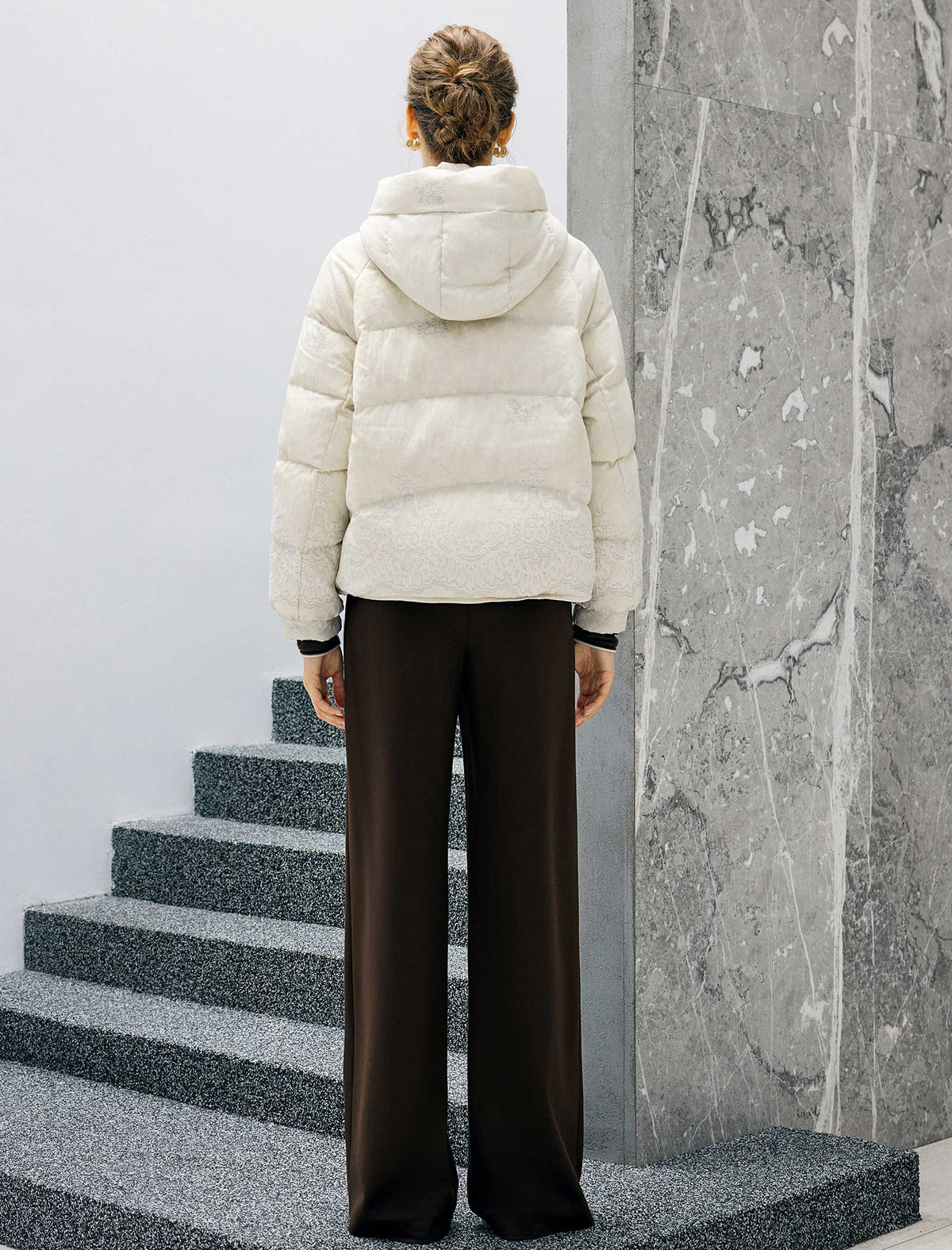 Floral Pattern Hooded Zip-Front Cropped Puffer Jacket