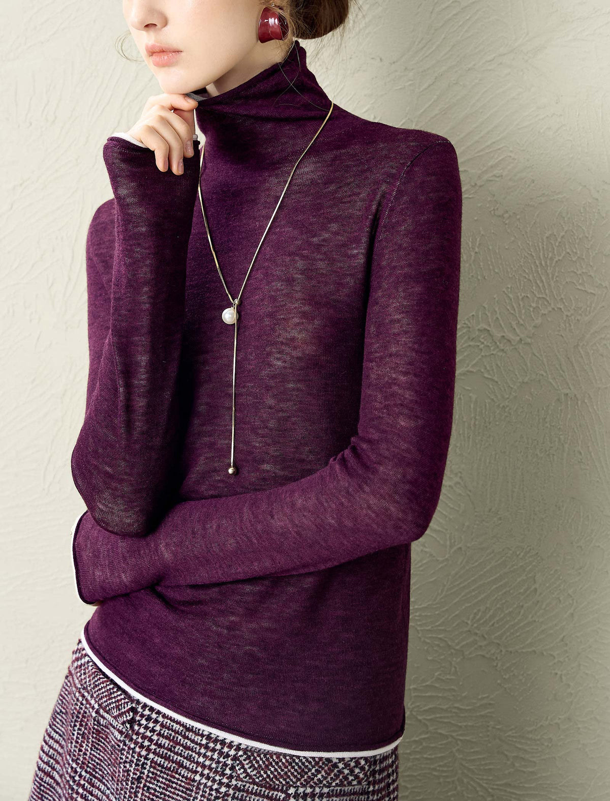 100% Wool Slim Fit High-Neck Knit Top