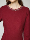 Wool Blend Beaded Crewneck Long Sleeve A-Line Midi Dress