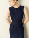Wool Blend Pinstripe Sleeveless Sheath Midi Dress