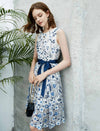 Lace Floral Waist-Cinched Sleeveless Dress