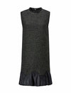 Black Tweed Wool-Blend Ruffle Hem Sleeveless Shift Dress