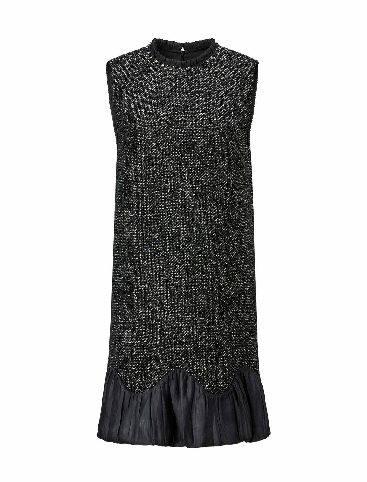 Black Tweed Wool-Blend Ruffle Hem Sleeveless Shift Dress