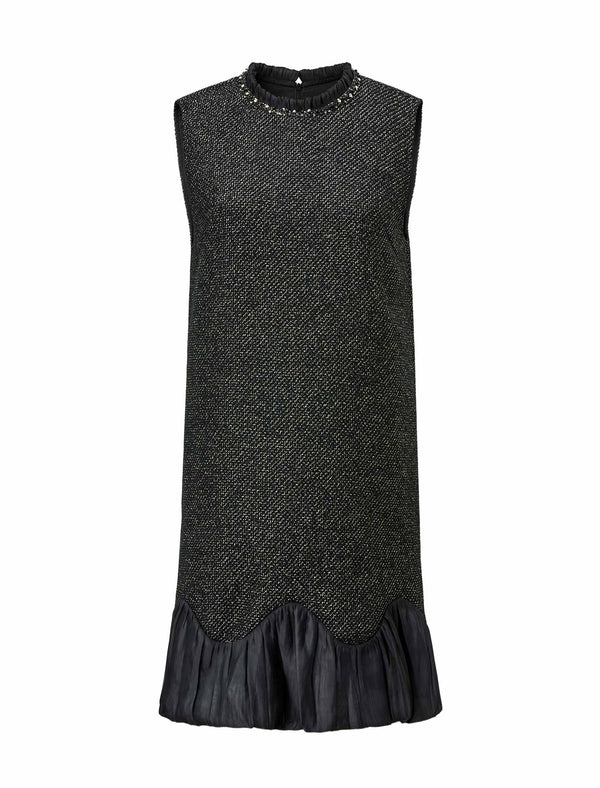 Black Tweed Wool-Blend Ruffle Hem Sleeveless Shift Dress