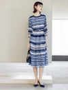Blue Geometric Stripe 3/4 Sleeve Midi Dress