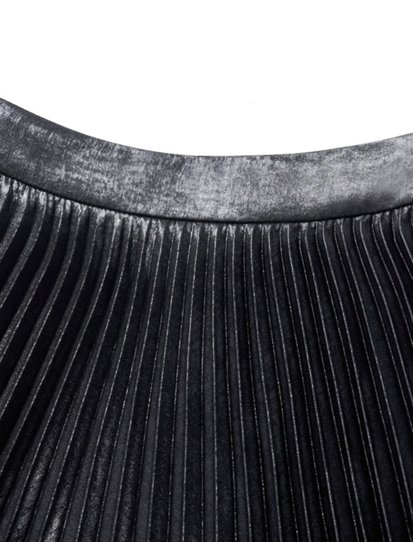 Black Metallic Pleated Midi Skirt