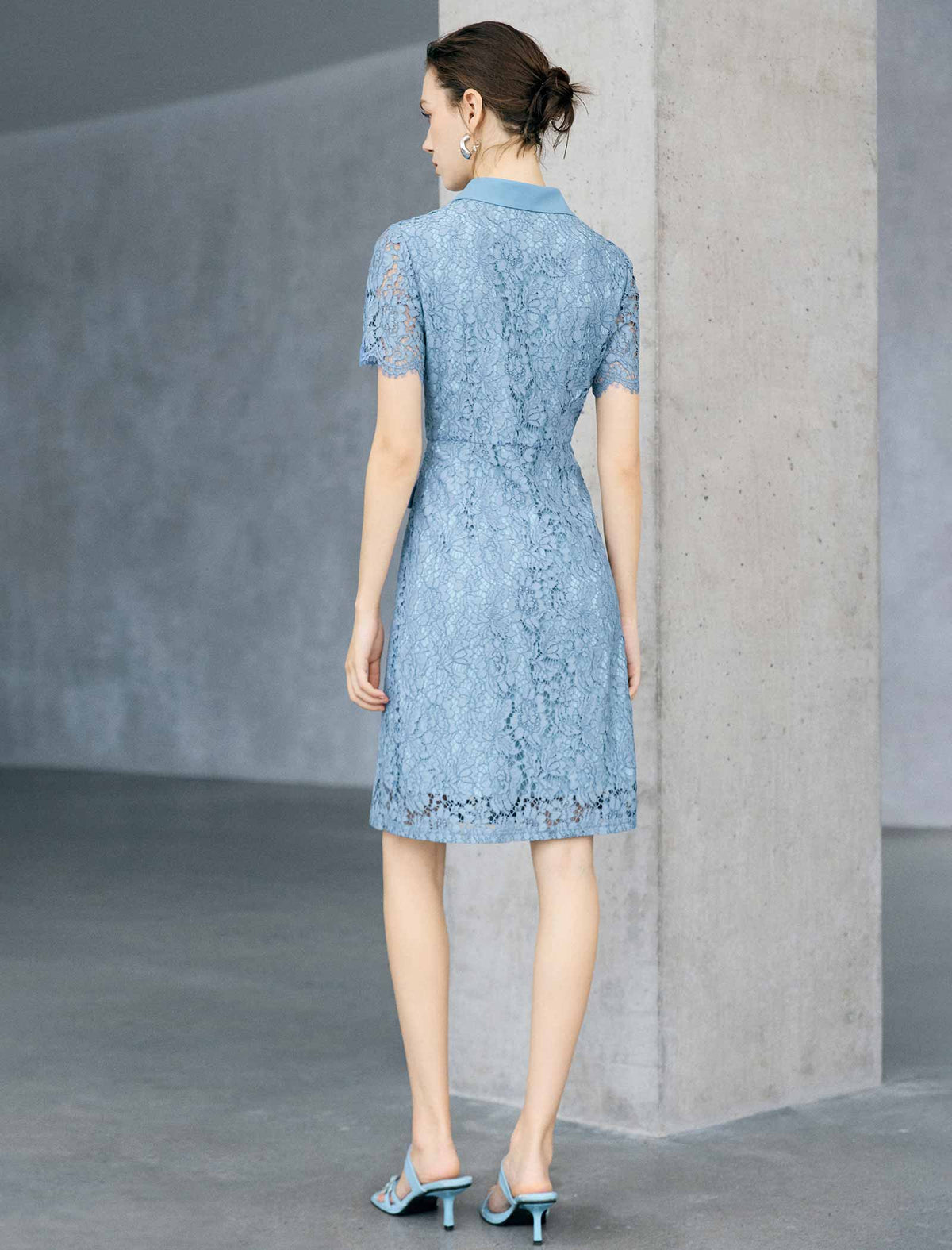 Light Blue Floral Lace Collared Short Sleeve Shirt Midi Dress