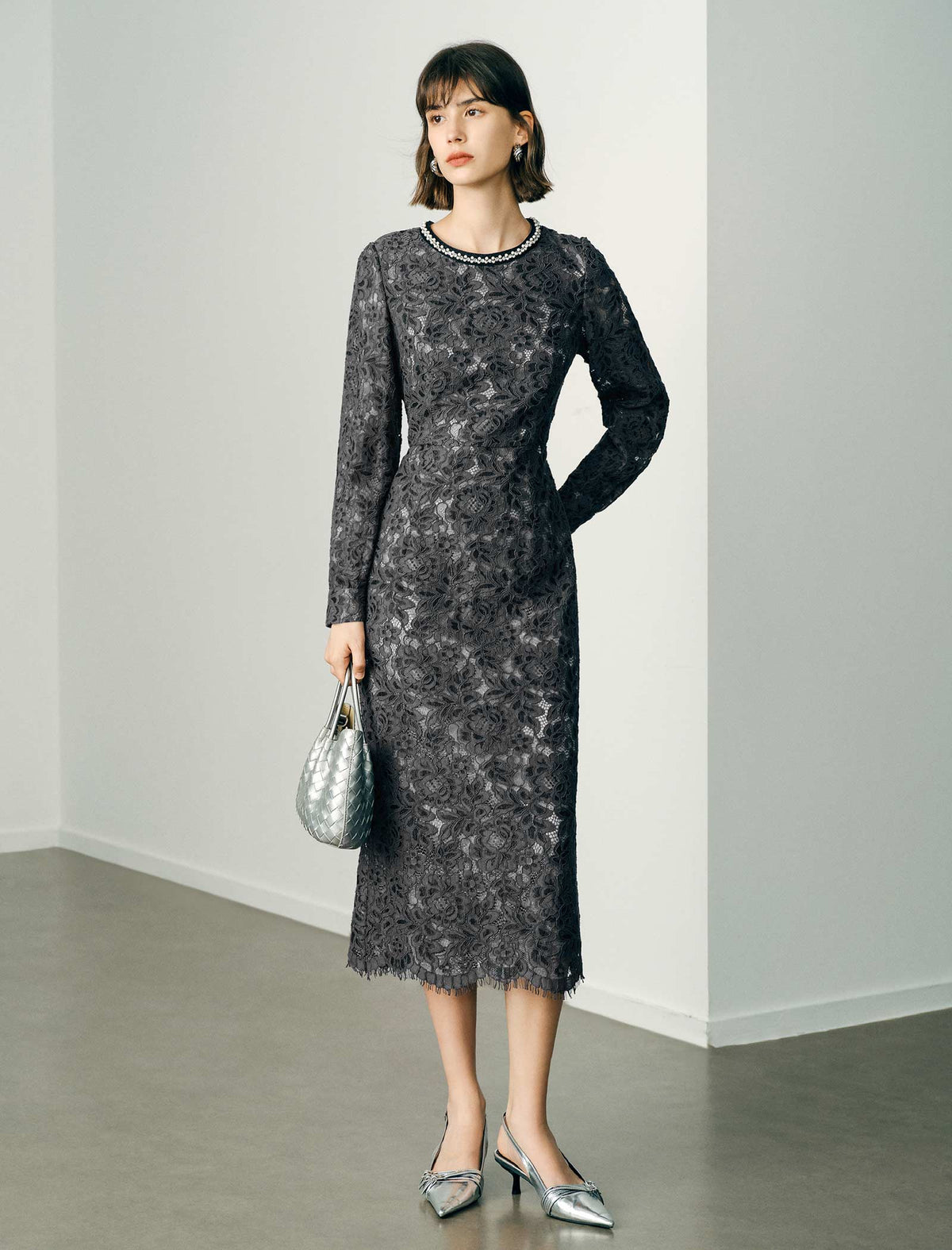 Lace Beaded Neckline Midi Dress