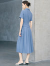 Dusty Blue Solid Permanent Pleat Midi A-Line Skirt