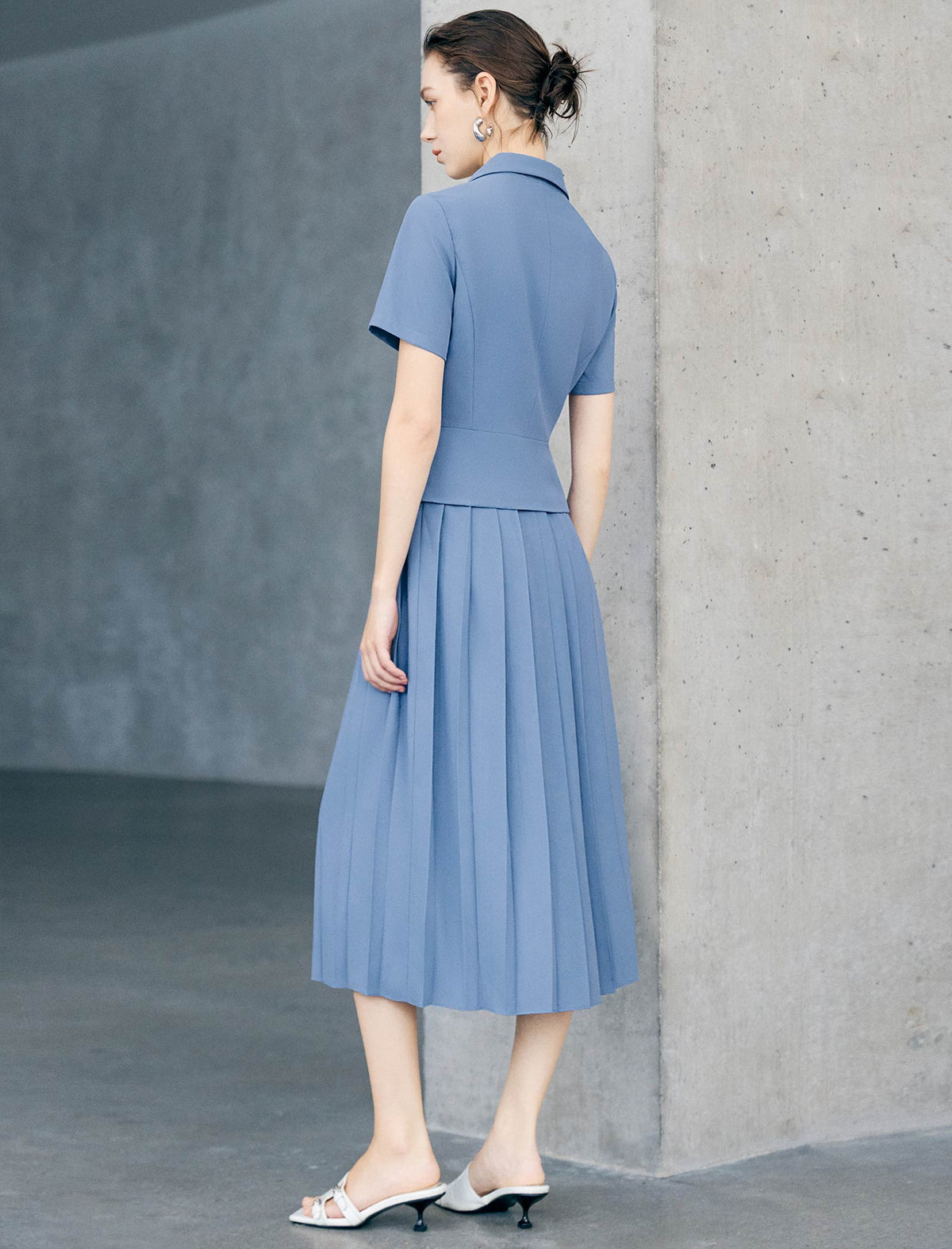 Dusty Blue Solid Permanent Pleat Midi A-Line Skirt