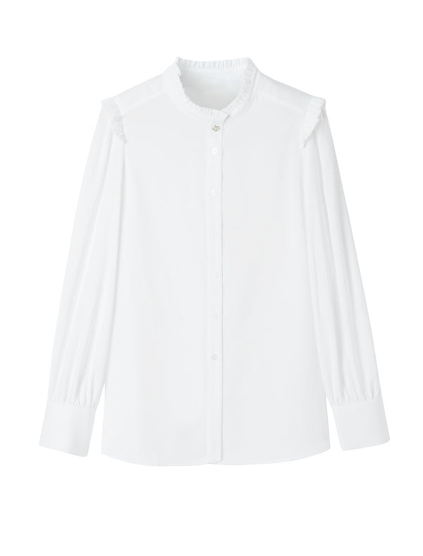 Elegant Ruffled Stand Collar Long-Sleeve Blouse