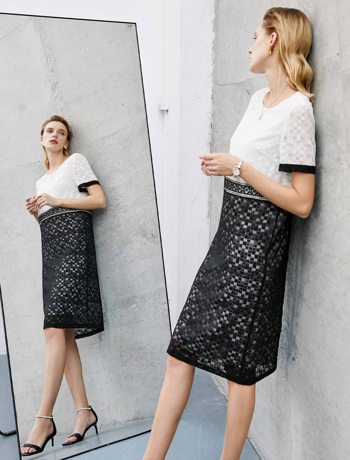 Color-Block Lace Panel Straight Short Sleeve Dress