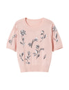Pink Flora-Embroidered Short-Sleeve Knit Blouse