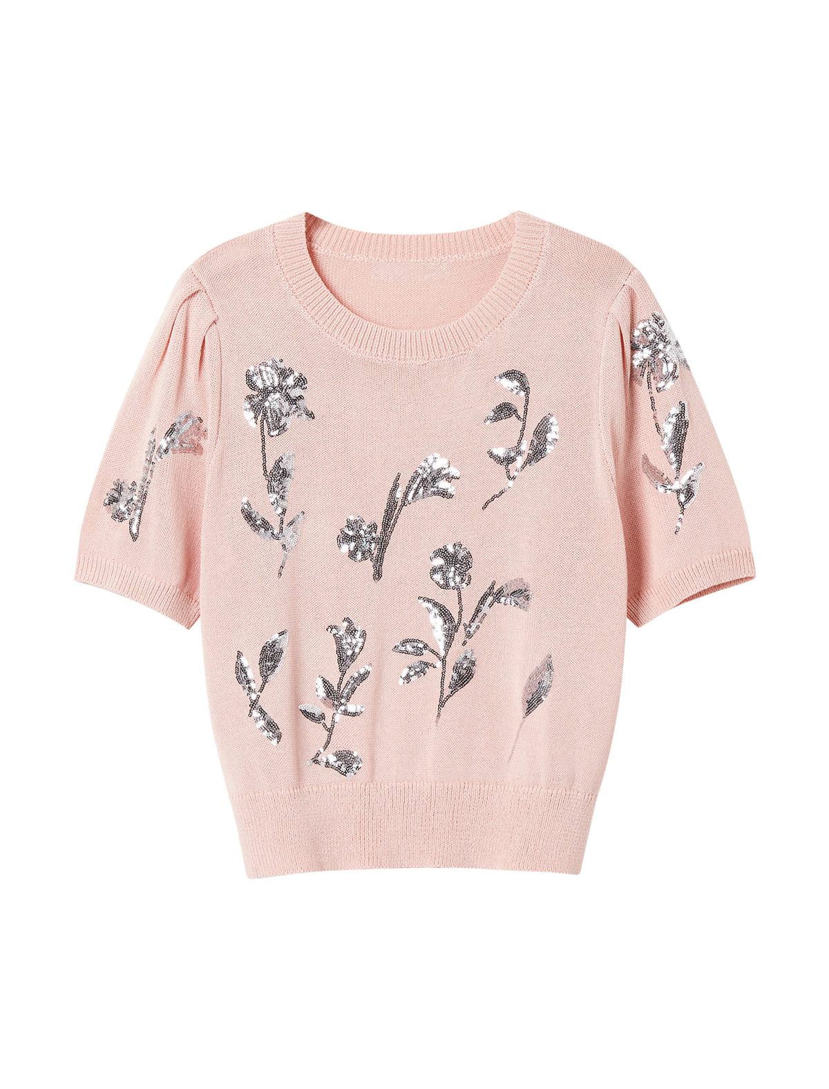 Pink Flora-Embroidered Short-Sleeve Knit Blouse