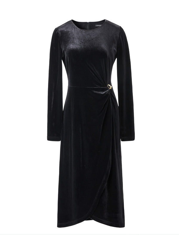 Black Velvet Irregular Hem Long Sleeve Midi Dress